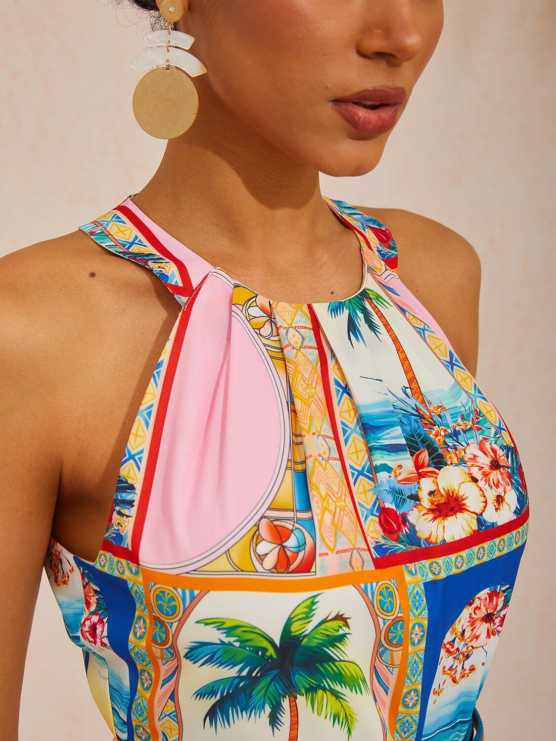 Summer Escape Geometric Waist-cinching Satin Maxi Dress