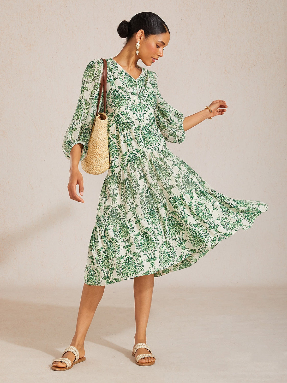 Verdant Baroque Bloom Flowy Chiffon Midi Dress