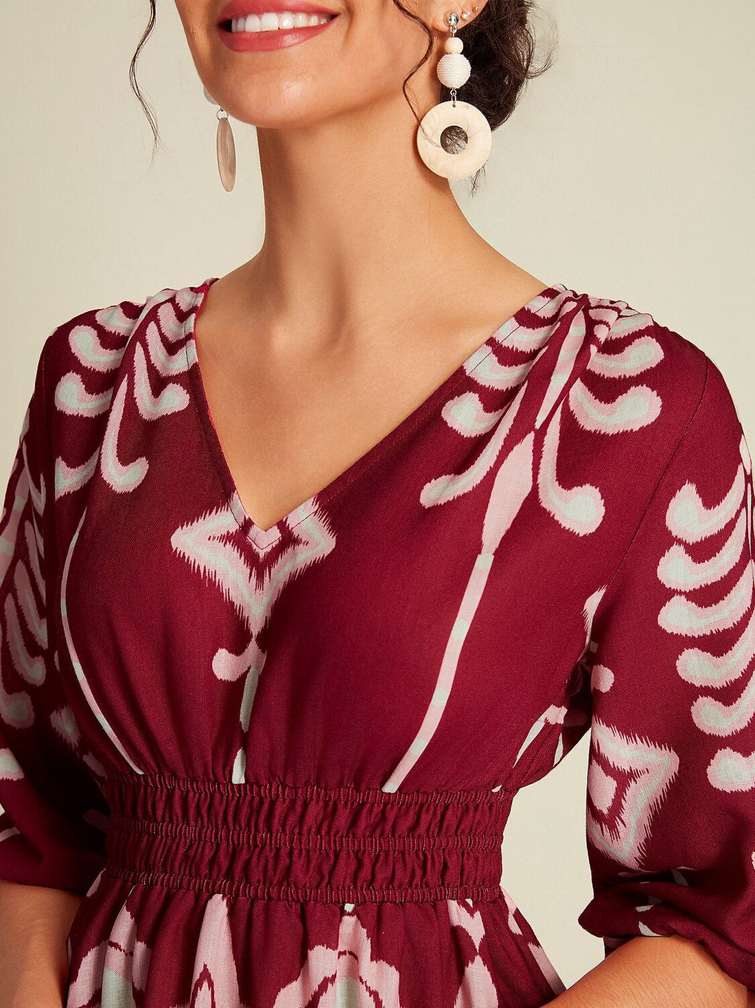 Folk Print Brick Red Half Sleeve V-Neck Midi Dress
