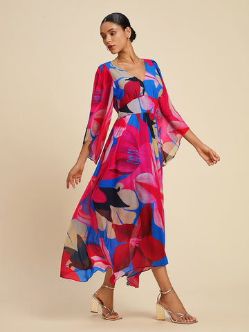 Chiffon Flare Sleeves Floral Print Maxi Dress
