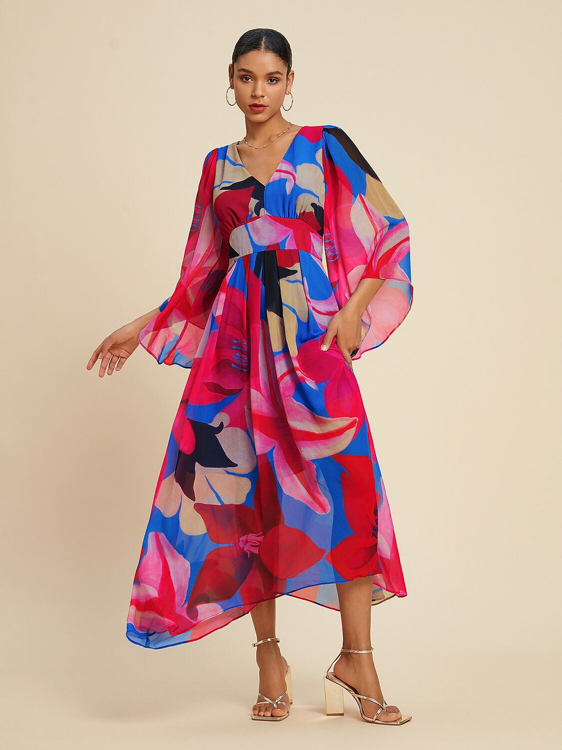 Chiffon Flare Sleeves Floral Print Maxi Dress