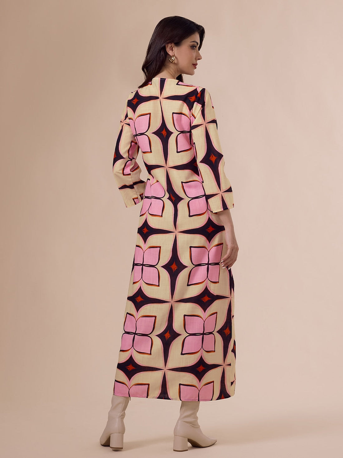 Geometric Print Notched Collar Maxi Dress