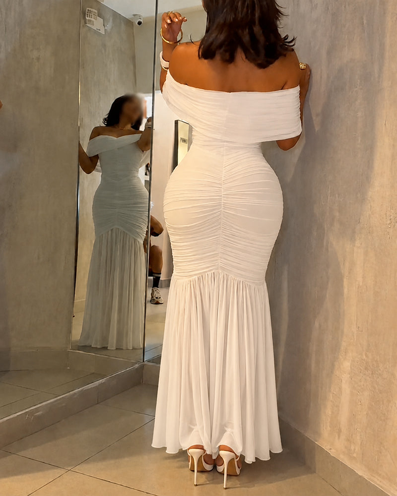Foldover Off Shoulder Ruched Cinched Waist Minimalist Evening Dress Slim Fit Mermaid Hem Party Dress