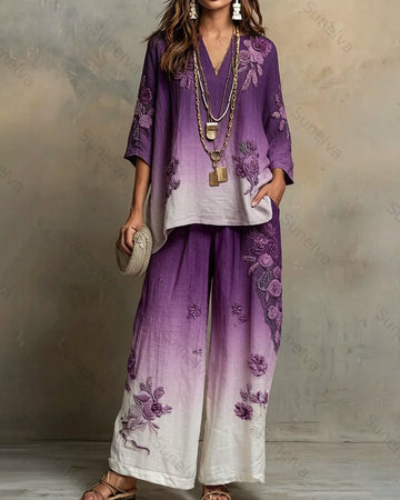 Women's Summer Resort Floral Embroidered Linen short-sleeved top & Pants Two-Piece Set   4957