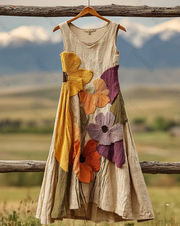Women's Summer Vacation Color-Block Floral Embroidered Sleeveless Dress 3281