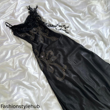 🦢🖤Black Vintage Glam Rock Unique Fashion Beautiful Elegant Exquisite Gold Stud Beads Long Satin Ball Gown Evening Gown Birthday Party Dress Prom Dark Fairy/Black Swan