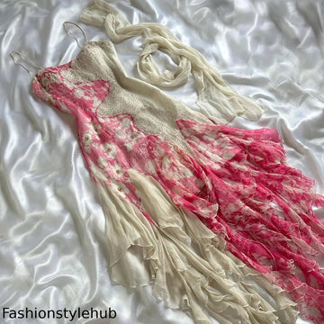 Pink and White Exquisite Beaded Floral Elegant Long Tassel Ruffle Chiffon Ball Gown Evening Dress Party Dress Prom Dress