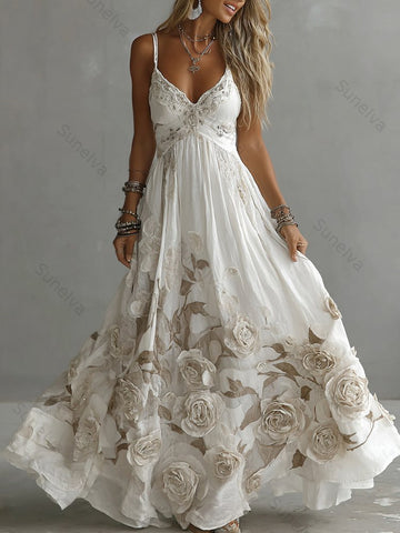 Women's Vintage Rose Embroidery Art V-neck Suspender Maxi Dress 4335