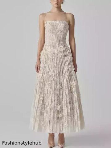 Long Pleated Sleeveless Lace Dress with Floral Appliques