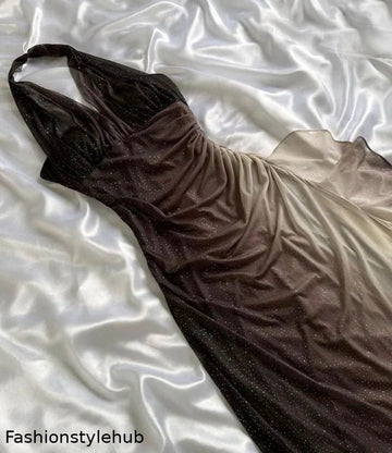 Brown Shiny Gradient Fashion Elegant Strap Long Chiffon Ruffle Ball Gown Evening Dress Party Dress