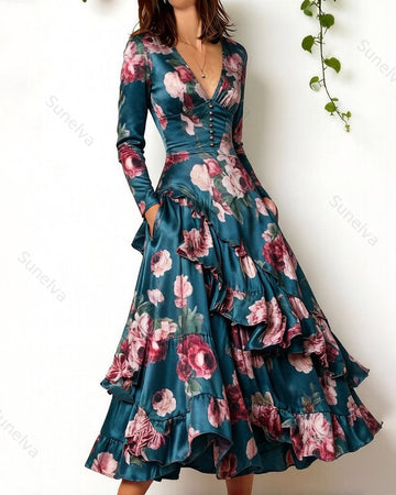 Women's Retro Elegant Fashion Floral Print Irregular Ruffle Patchwork Dress 8295
