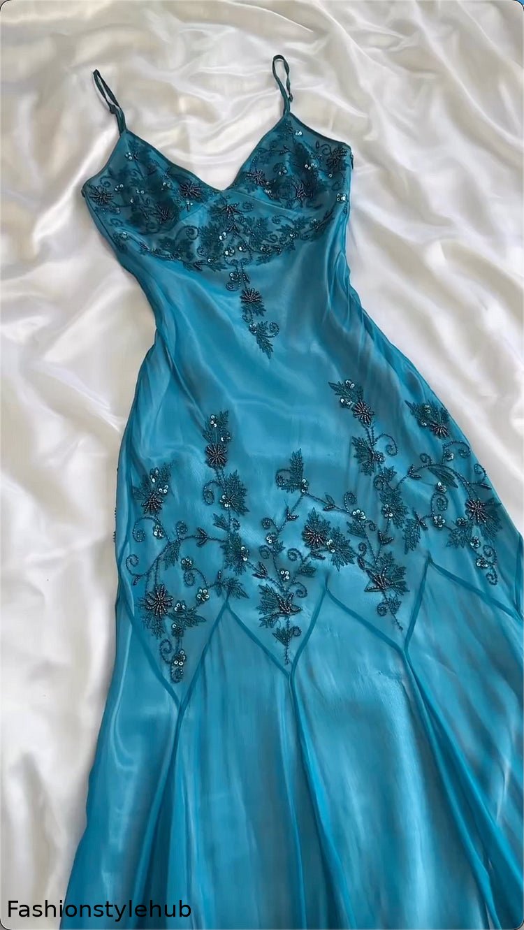 Blue shiny fashion exquisite beaded spaetti strap long chiffon ball gown evening dress party dress