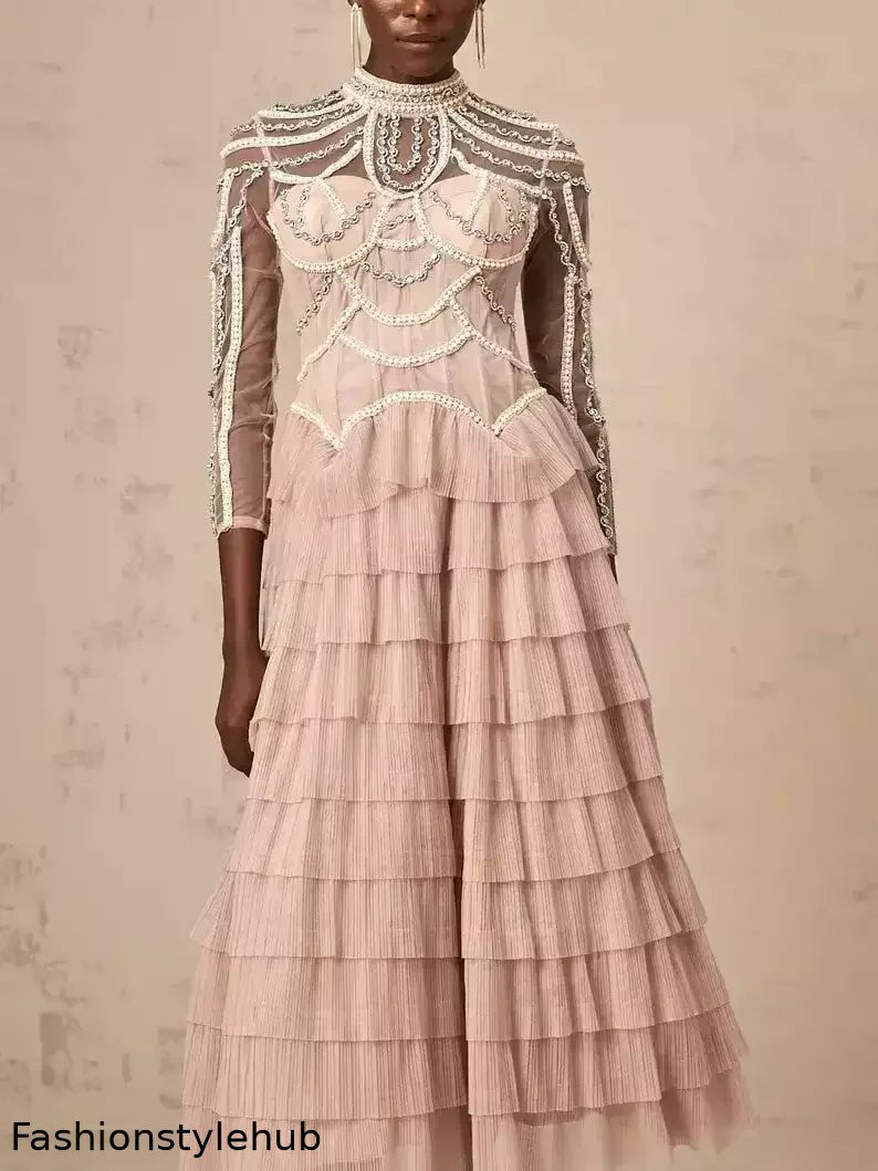 Bead-Embellished High Neck Tiered Gown