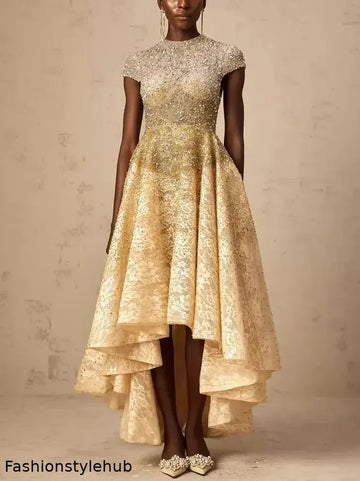 Asymmetrical Gold Sequin-Embellished Cap-Sleeve Dress
