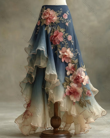 Women's Floral Embroidered Denim Patchwork Linen Midi Skirt  1438