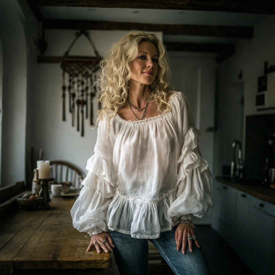 Women's Elegant, Loose, Comfortable, Slightly Sheer, Breathable, Pleated Linen Square Neck Puff-sleeved Top