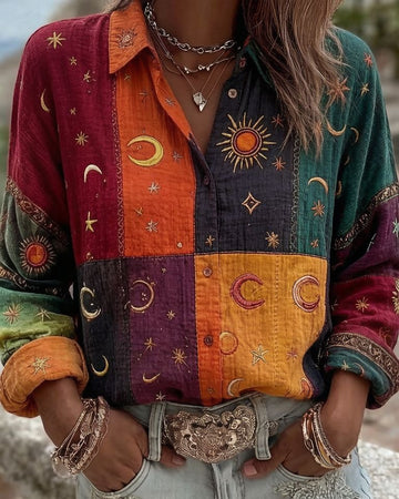 Women's Summer Star and Moon-Themed Embroidered Shirt 9634