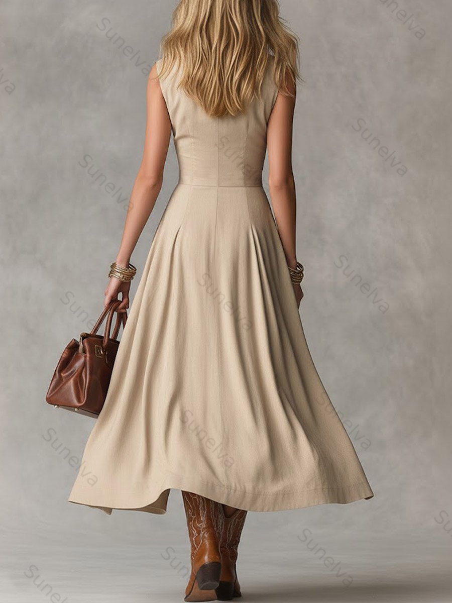 Women's Solid Color Collared Sleeveless Casual Loose Cotton Linen Dress fb7d