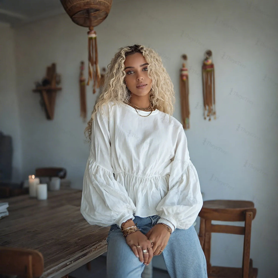 Women's Elegant, Loose, Comfortable, Breathable Linen Cotton Long-sleeved Top With Round Neck And Puff Sleeves