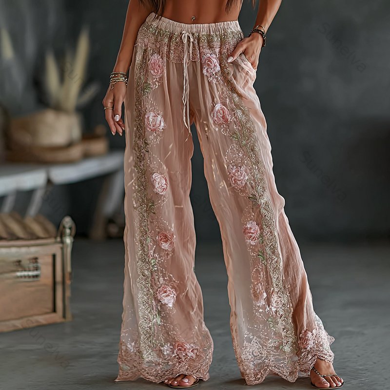 Women's Vintage Spring Floral Embroidered Art Print Flowy Linen Blend Casual Pants 1513