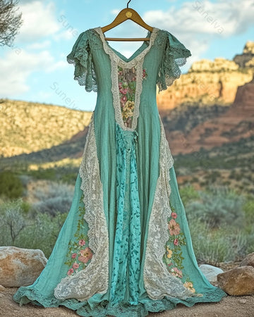 Women's Summer Floral Embroidered Patchwork Linen Dress 8067
