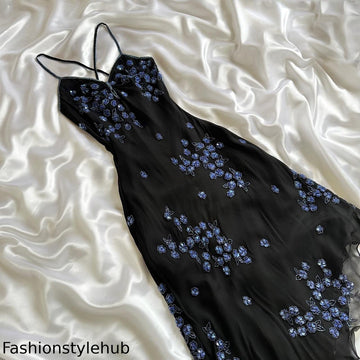 Black gorgeous shiny beautiful stylish unique elegant exquisite blue floral beading long chiffon ball gown evening dress party dress