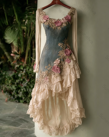 Women's Spring Elegant Flowers Irregular Ruffle Linen Dress 7329