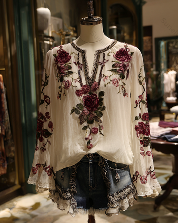 Women's Spring Retro Floral Embroidered Top & Shorts Two-Piece Set  5184