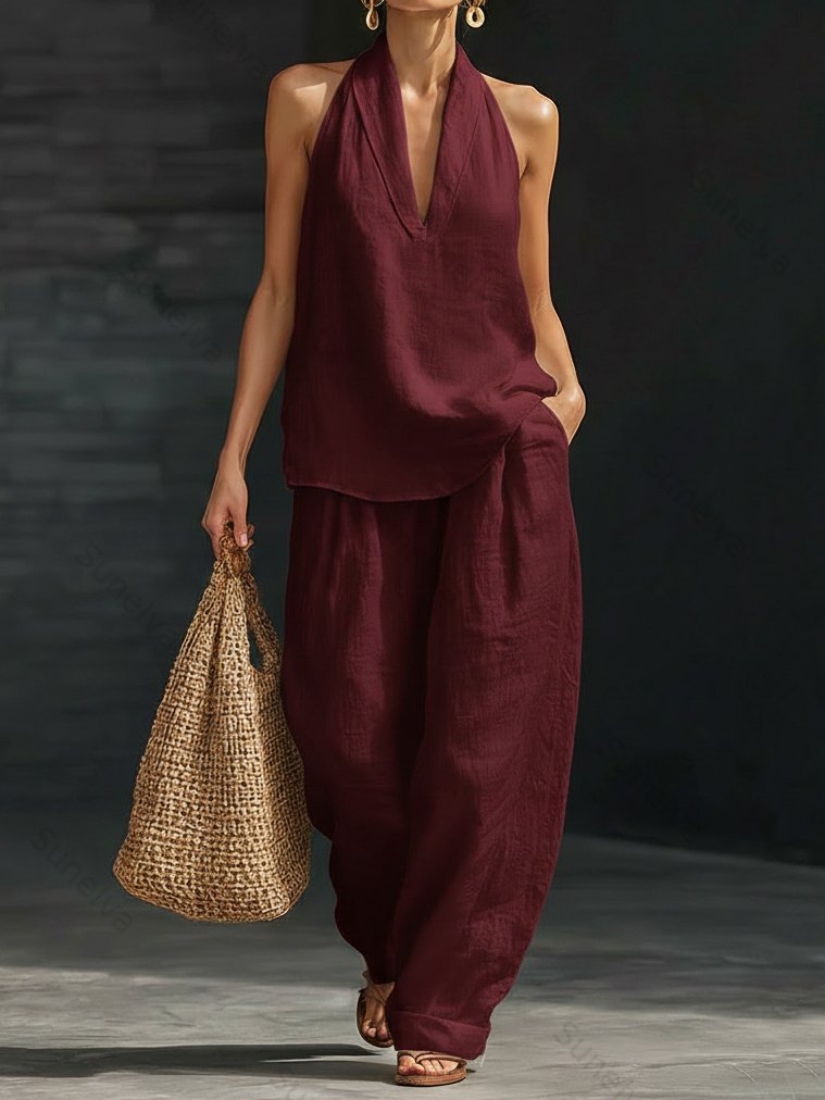 Casual And Cozy Minimalist Linen Two-piece Set 7054