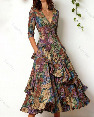 Women's elegant irregular ruffled linen patchwork dress 8666