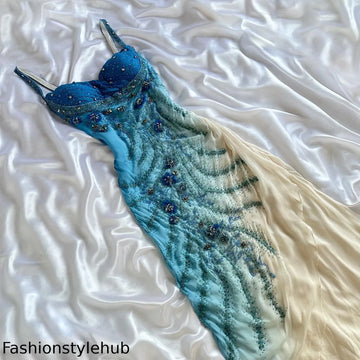 Blue gorgeous beautiful stylish unique elegant exquisite floral beading long chiffon ball gown evening dress party dress