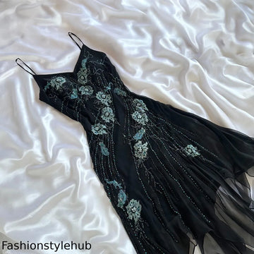 Black gorgeous fashion elegant exquisite green floral beading spaetti straps long chiffon ball gown evening dress party dress prom dress