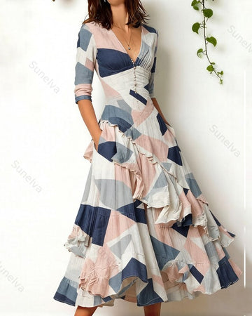 Women's Retro Elegant Abstract Geometric Print Irregular Ruffle Patchwork Linen Dress 2040