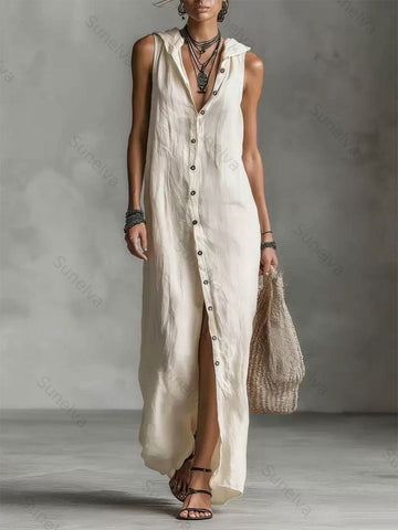 Women's Retro Hooded Solid Color Long-sleeved Cotton Linen Dress 0f4c