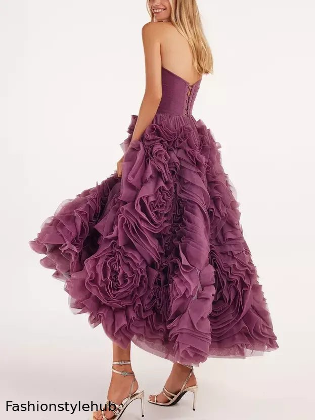 Strapless Purple 3D Floral Tulle Dress