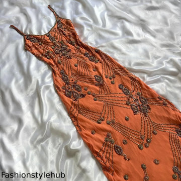 Fantasy Orange Coral Elegant Exquisite Gem Beaded Long Chiffon Ball Gown Evening Dress Party Dress Prom Dress