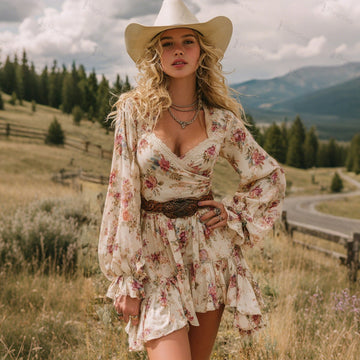 Women's Spring Outdoor Retro Style High Waist Romantic Floral V-Neck Dress