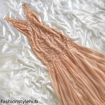 Blush pink lit pink gorgeous exquisite vintage fashion floral long elegant chiffon ball gown evening dress birthday party dress prom dress Bridesmaids Dresses