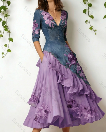 Women's Elegant Flowers Embroidery Irregular Ruffle Linen Patchwork Dress 1865