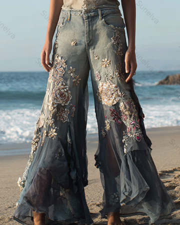 Women's Outdoor Fashion Floral Embroidery Color Block Gradient Denim Linen Pants 5949
