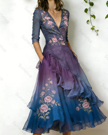 Women's elegant floral embroidered irregular ruffled linen patchwork dress 6657
