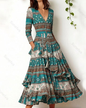 Women's Retro Elegant Ethnic Print Irregular Ruffle Patchwork Linen Dress 5858