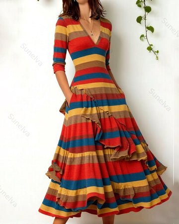 Women's Retro Elegant Colorful Striped Print Irregular Ruffle Patchwork Linen Dress 6948