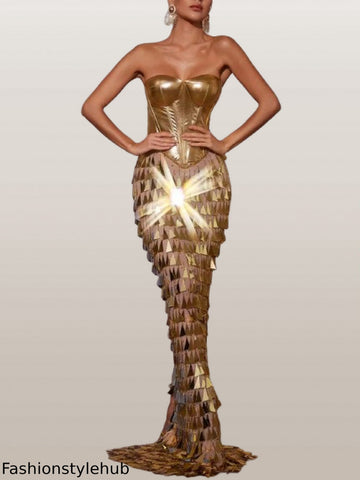 Gold Corset Gown with Hanging Applique Details