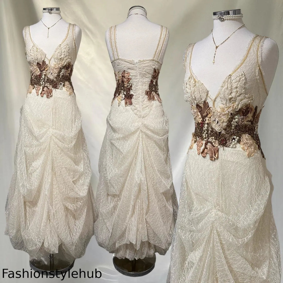 Off-white exquisite floral lace beaded long tulle ball gown, evening dress, party dress bridesmaid dress