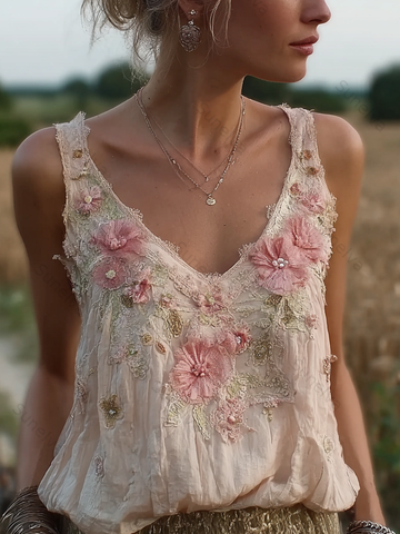 Bohemian Retro Pink Floral Pattern Women's Sleeveless Thin Shoulder Strap Vest 8990