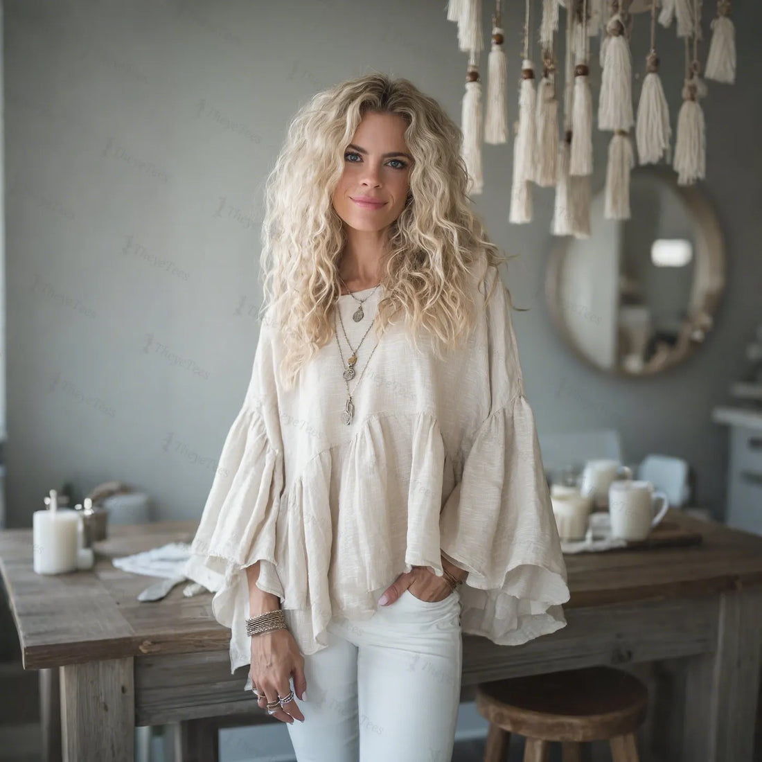 Women's Elegant, Loose-fitting, Comfortable, Breathable Linen Round Neck Flared Sleeve Long-sleeved Top