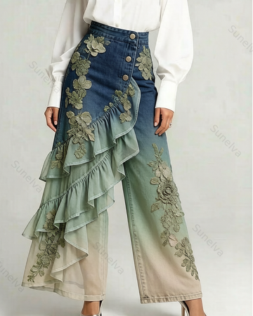 Women's Summer Elegant Floral Embroidery Ruffled Patchwork Gradient Denim Jeans  2969