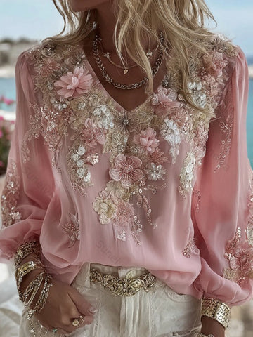 Women's Pink Floral Embroidered Art V-neck Long Sleeve Blouse 95b7