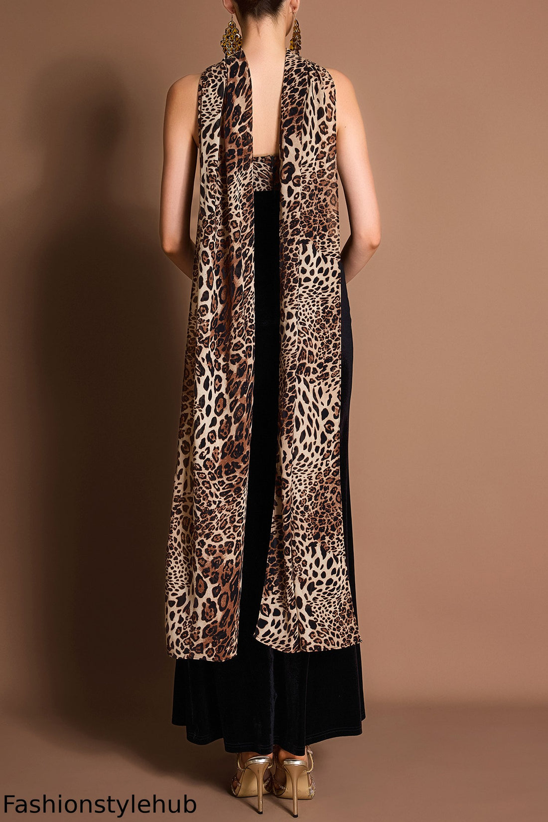 Leopard Print Splicing Velvet Off-Shoulder Maxi Dress